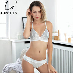 CINOON Women sexy underwear bra embroidery lingerie set thin lace bra transparent ultra-thin temptation push up bra set