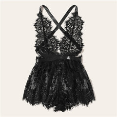 COLROVIE Black Floral Lace Criss Cross Backless Romper Bodysuit Women 2019 Sexy Lingerie Nightwear Ladies Teddies Sleepwear