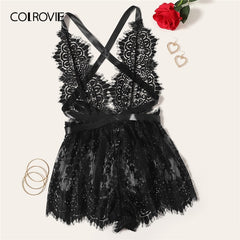 COLROVIE Black Floral Lace Criss Cross Backless Romper Bodysuit Women 2019 Sexy Lingerie Nightwear Ladies Teddies Sleepwear