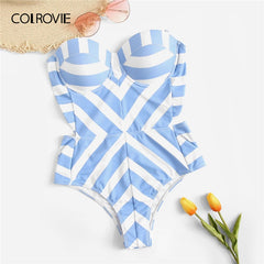 COLROVIE Blue Striped Bustier Underwire Bandeau Monokini Women One Piece Swimwear Sexy Bikini 2019 Swimsuit Push Up Beachwear
