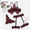 Image of COLROVIE Burgundy Eyelash Lace Garter Floral Lace Intimates Sexy Lingerie Set Underwear Black Women Wireless Transparent Bra Set