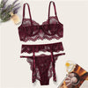 Image of COLROVIE Burgundy Floral Lace Garter Sexy Lingerie Set Women Intimates 2019 Underwire Transparent Bra And Thongs Underwear Set