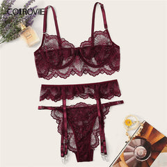 COLROVIE Burgundy Floral Lace Garter Sexy Lingerie Set Women Intimates 2019 Underwire Transparent Bra And Thongs Underwear Set