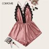 Image of COLROVIE Criss Cross Eyelash Lace Satin Romper Women 2019 Summer Satin Sexy Lingerie Cami Nightwear Ladies Sleepwear