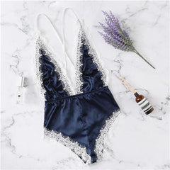 COLROVIE Green Scallop Lace Backless Criss Cross Satin Romper Lingerie Teddy Bodysuit Women 2019 Navy Onesies Pajama Sleepwear
