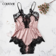 COLROVIE Lace Trim Romper Teddy Bodysuit Women 2019 Summer Satin Sexy Lingerie Cami Nightwear Ladies Sleepwear