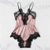 Image of COLROVIE Navy Solid Lace Trim Satin Romper Lingerie Teddy Bodysuit Women Pink Pajama Lounge Onesie Sexy Sleepwear One Piece