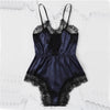 Image of COLROVIE Navy Solid Lace Trim Satin Romper Lingerie Teddy Bodysuit Women Pink Pajama Lounge Onesie Sexy Sleepwear One Piece