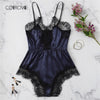 Image of COLROVIE Navy Solid Lace Trim Satin Romper Lingerie Teddy Bodysuit Women Pink Pajama Lounge Onesie Sexy Sleepwear One Piece