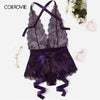 Image of COLROVIE Purple Solid Eyelash Lace Criss Cross Romper Teddy Bodysuit Lingerie Women 2019 Sexy Nightwear Pajama Set Sleepwear