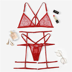 COLROVIE Red Harness Sheer Garter Lingerie Set Women Intimates 2019 Summer See Through Sexy Bra And Panties Underwear Set