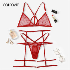 COLROVIE Red Harness Sheer Garter Lingerie Set Women Intimates 2019 Summer See Through Sexy Bra And Panties Underwear Set