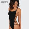 Image of COLROVIE Strappy Backless Bodysuit Women Black Sleeveless Summer Beach Hot Bodysuits Navy Scoop Neck Cross Slim Cami Bodysuit