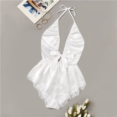 COLROVIE White Lace Trim Satin Romper Lingerie Teddy Bodysuit Women 2019 Sexy Nightwear Pajama Set Backless Ladies Sleepwear