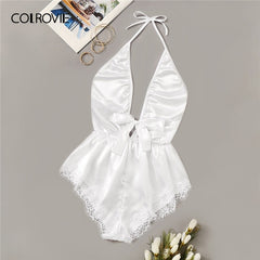 COLROVIE White Lace Trim Satin Romper Lingerie Teddy Bodysuit Women 2019 Sexy Nightwear Pajama Set Backless Ladies Sleepwear