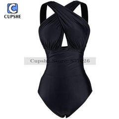 CUPSHE Black Deep Feelings Cross One-piece Swimsuit Women Plain Cutout Halter Swimwear 2020 Beach Sexy Bathing Suit Swimsuits