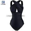 Image of CUPSHE Black Deep Feelings Cross One-piece Swimsuit Women Plain Cutout Halter Swimwear 2020 Beach Sexy Bathing Suit Swimsuits