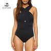 Image of CUPSHE Black Deep Feelings Cross One-piece Swimsuit Women Plain Cutout Halter Swimwear 2020 Beach Sexy Bathing Suit Swimsuits