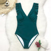 Image of CUPSHE Green Teal Plunging Solid One-Piece Swimsuit Women Ruffle Ruched Monokini 2020 Girl Beach Bathing Suits