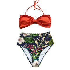 CUPSHE Yellow And Floral Tropical Print High-Waisted Bikini Sets 2020 Women Heart Neck Halter Two Pieces Swimsuits