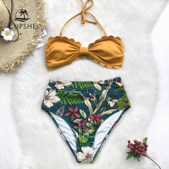 CUPSHE Yellow And Floral Tropical Print High-Waisted Bikini Sets 2020 Women Heart Neck Halter Two Pieces Swimsuits