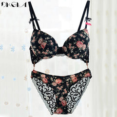 Classic Black Underwear Set Sexy Bras Printing Fashion Push Up Bra Panties sets Thick Cotton Brassiere Lace Women Lingerie Set