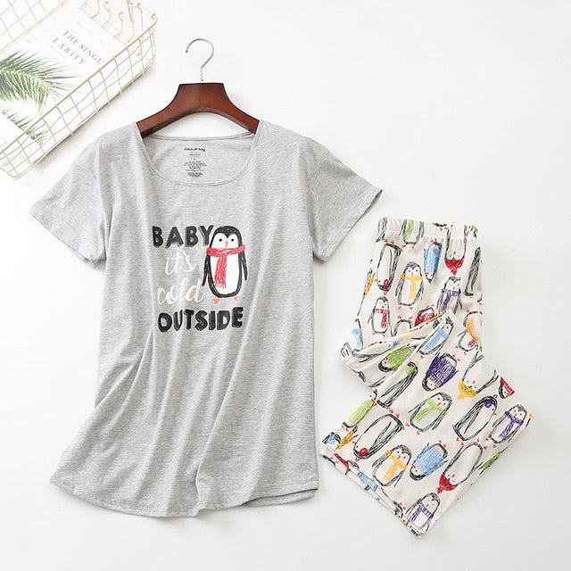 Cotton Pajamas Set Short Sleeve T-shirt Long Pants 2Piece/Set Sexy Summer Pyjama Big Size Mom Home Sleepwear
