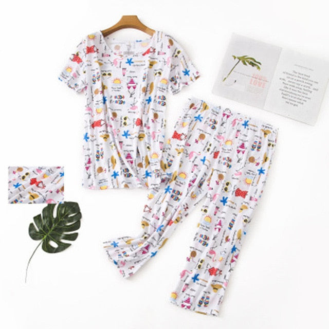Cotton Pajamas Set Short Sleeve T-shirt Long Pants 2Piece/Set Sexy Summer Pyjama Big Size Mom Home Sleepwear