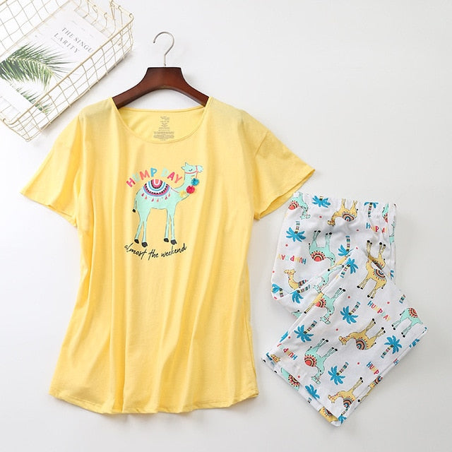 Cotton Pajamas Set Short Sleeve T-shirt Long Pants 2Piece/Set Sexy Summer Pyjama Big Size Mom Home Sleepwear