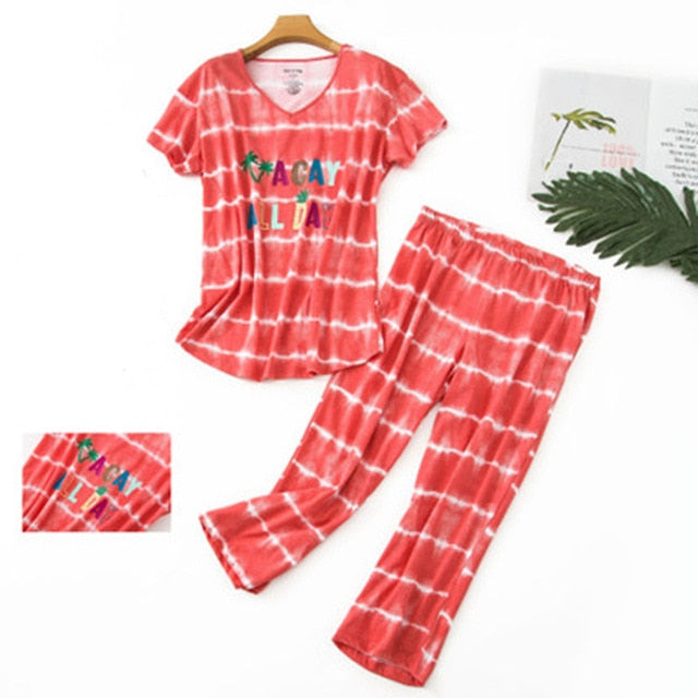Cotton Pajamas Set Short Sleeve T-shirt Long Pants 2Piece/Set Sexy Summer Pyjama Big Size Mom Home Sleepwear