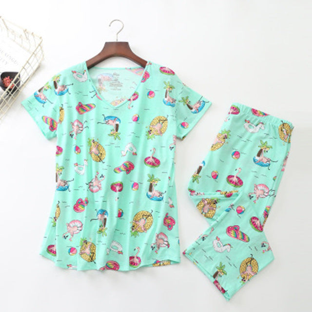 Cotton Pajamas Set Short Sleeve T-shirt Long Pants 2Piece/Set Sexy Summer Pyjama Big Size Mom Home Sleepwear