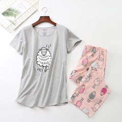 Cotton Pajamas Set Short Sleeve T-shirt Long Pants 2Piece/Set Sexy Summer Pyjama Big Size Mom Home Sleepwear