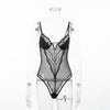 Image of Cryptographic deep V fashion lace sexy bodysuit women patchwork mesh transparent female jumpsuit slim body mujer hot catsuit