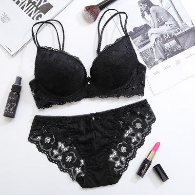 DERUILADY Lace Floral Lingerie Set Push Up Bra Women Comfort Adjusted Bra And Panty Set Sexy Backless Wireless Underwear Set
