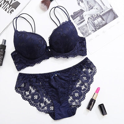 DERUILADY Lace Floral Lingerie Set Push Up Bra Women Comfort Adjusted Bra And Panty Set Sexy Backless Wireless Underwear Set