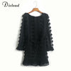 Image of DICLOUD Sexy Pom Poms Women Black White Party Dresses 2020 Spring Winter Long Sleeve Boho A Line Ruffle Dress With Waist Tie