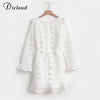 Image of DICLOUD Sexy Pom Poms Women Black White Party Dresses 2020 Spring Winter Long Sleeve Boho A Line Ruffle Dress With Waist Tie