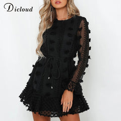 DICLOUD Sexy Pom Poms Women Black White Party Dresses 2020 Spring Winter Long Sleeve Boho A Line Ruffle Dress With Waist Tie