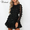 Image of DICLOUD Sexy Pom Poms Women Black White Party Dresses 2020 Spring Winter Long Sleeve Boho A Line Ruffle Dress With Waist Tie