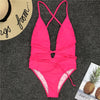Image of Deep V-neck Bathing Suit Halter Neon Bikini Women Monokini String 2020 Sexy Swimsuit One Piece Bodysuits High Cut Swimwear Women