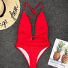 Image of Deep V-neck Bathing Suit Halter Neon Bikini Women Monokini String 2020 Sexy Swimsuit One Piece Bodysuits High Cut Swimwear Women