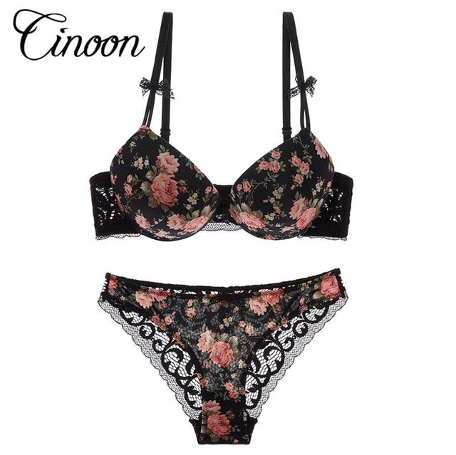 Famous Brand Sexy High Quality Women Print Bra set Silk Lace Flower Push up Big size Underwear Bow Bra and Hollow out Panties