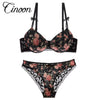 Image of Famous Brand Sexy High Quality Women Print Bra set Silk Lace Flower Push up Big size Underwear Bow Bra and Hollow out Panties