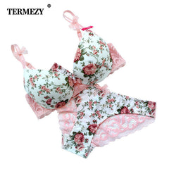 Famous Brand Sexy High Quality Women Print Bra set Silk Lace Flower Push up Big size Underwear Bow Bra and Hollow out Panties