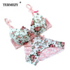 Image of Famous Brand Sexy High Quality Women Print Bra set Silk Lace Flower Push up Big size Underwear Bow Bra and Hollow out Panties