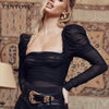 Image of Fantoye Sexy Black Lace Low Collar Bodysuit Women Mesh Layered Backless Ruffles Slim Bodycon Tops Femme Elegant Vintage Overalls