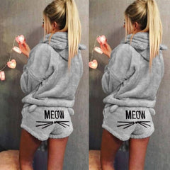 Fashion Women Cute Cat Long Sleeve Warm Hoodie Top Shorts Sleepwear Pajamas Set Coral Fleece Warm Clothing Sets