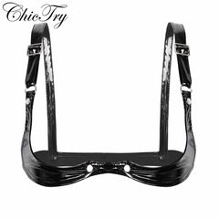 Fashion Women Sexy Adjustable Spaghetti Straps Bra Lingerie Wetlook Faux Leather Open Cup Bra Top for Clubwear Party Costumes