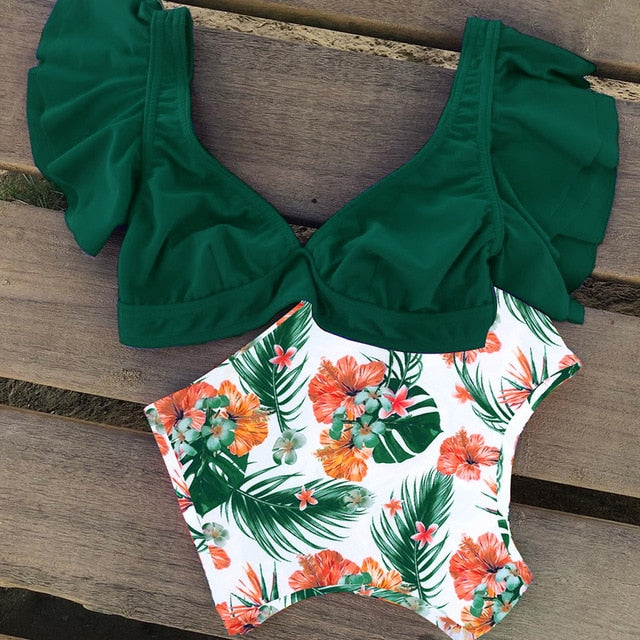Floral Ruffled Hem Bikini Set Women Flora V-neck High-waisted Two Piece Swimsuit 2018 Girl Beach Bathing Suit Swimwear Biquinis