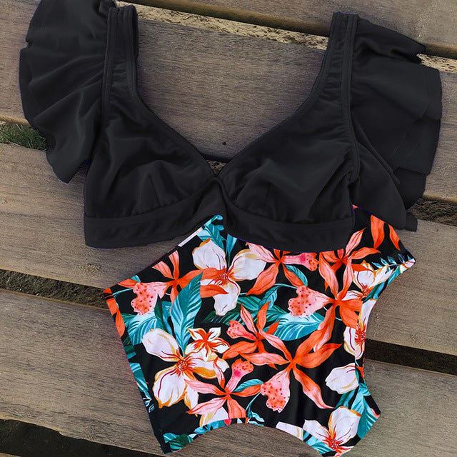 Floral Ruffled Hem Bikini Set Women Flora V-neck High-waisted Two Piece Swimsuit 2018 Girl Beach Bathing Suit Swimwear Biquinis
